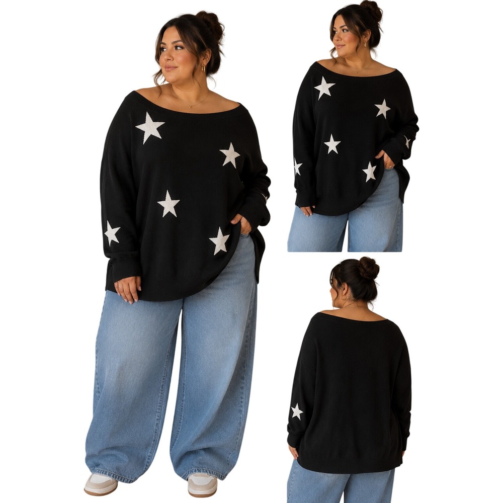 Black Star Print Oversized Boat Neck Knit Sweater XXL Long Sleeve Pullover